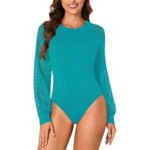 imageLYANER Womens Crew Neck Bodysuit Lace Hollow Out Long Sleeve Slim Fit Stretchy Leotards TopsTurquoise