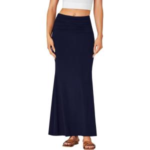 imageLYANER Womens Fold Over Waist Maxi Skirt Lightweight Floor Length Flared Long SkirtsNavy Blue
