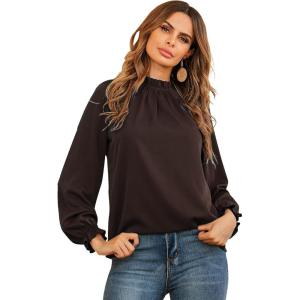 imageLYANER Womens Frill Mock Neck Flounce Long Sleeve Solid Blouse Office Shirt TopBrown