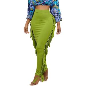 imageLYANER Womens Fringed Side Tassels Elastic Waist Slim Bodycon Pencil Maxi SkirtsSolid Green