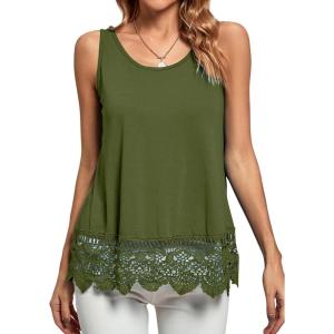 imageLYANER Womens Lace Hem Boat Neck Sleeveless Swing Trim Loose Tank Tops BlouseArmy Green