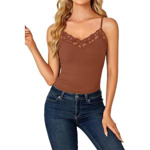 imageLYANER Womens Lace V Neck Camisole Adjustable Strap Cami Sleeveless Tank Undershirt TopCaramel