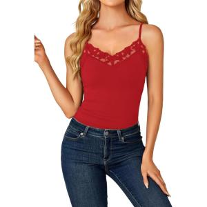 imageLYANER Womens Lace V Neck Camisole Adjustable Strap Cami Sleeveless Tank Undershirt TopRed