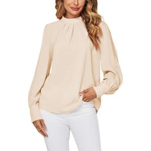 imageLYANER Womens Mock Neck Pleated Solid Long Sleeve Blouse Office Shirt TopBeige