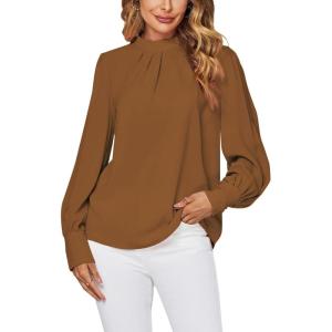 imageLYANER Womens Mock Neck Pleated Solid Long Sleeve Blouse Office Shirt TopBrown