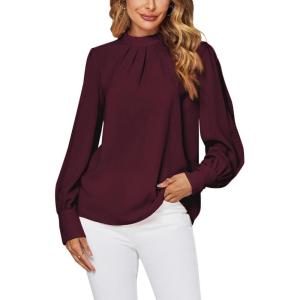imageLYANER Womens Mock Neck Pleated Solid Long Sleeve Blouse Office Shirt TopBurgundy