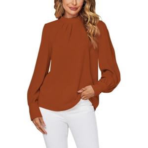 imageLYANER Womens Mock Neck Pleated Solid Long Sleeve Blouse Office Shirt TopCamel