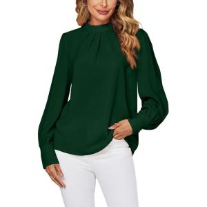 imageLYANER Womens Mock Neck Pleated Solid Long Sleeve Blouse Office Shirt TopDark Green