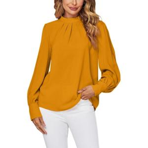 imageLYANER Womens Mock Neck Pleated Solid Long Sleeve Blouse Office Shirt TopGinger