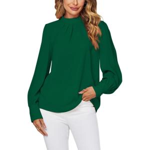 imageLYANER Womens Mock Neck Pleated Solid Long Sleeve Blouse Office Shirt TopGreen