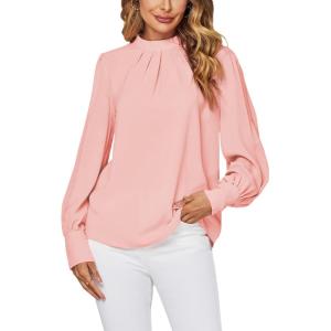 imageLYANER Womens Mock Neck Pleated Solid Long Sleeve Blouse Office Shirt TopPink
