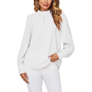 imageLYANER Womens Mock Neck Pleated Solid Long Sleeve Blouse Office Shirt TopWhite
