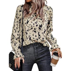 imageLYANER Womens Print Mock Neck Flounce Long Sleeve Shirred Blouse Top ShirtBeige