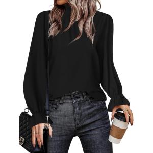 imageLYANER Womens Print Mock Neck Flounce Long Sleeve Shirred Blouse Top ShirtBlack