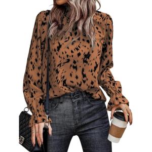 imageLYANER Womens Print Mock Neck Flounce Long Sleeve Shirred Blouse Top ShirtBrown