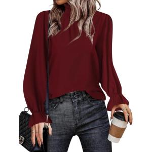 imageLYANER Womens Print Mock Neck Flounce Long Sleeve Shirred Blouse Top ShirtBurgundy