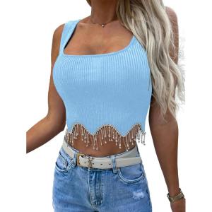 imageLYANER Womens Rhinestone Fringe Trim Ribbed Knit Square Neck Sleeveless Crop Tank TopBlue