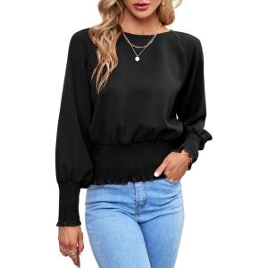 imageLYANER Womens Round Neck Frill Shirred Lantern Long Sleeve Blouse Office Shirt TopBlack