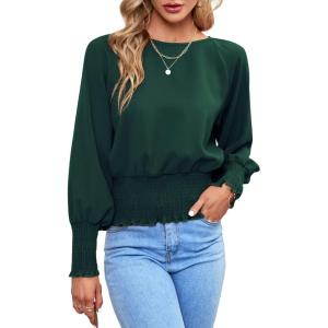 imageLYANER Womens Round Neck Frill Shirred Lantern Long Sleeve Blouse Office Shirt TopDark Green