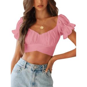 imageLYANER Womens Ruffle Short Sleeve Tie Up Back Crop Top Off Shoulder Bardot BlouseLight Pink