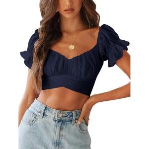 imageLYANER Womens Ruffle Short Sleeve Tie Up Back Crop Top Off Shoulder Bardot BlouseNavy Blue