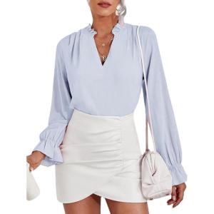 imageLYANER Womens Ruffle V Neck Solid Long Sleeve Chiffon Blouse Shirt TopLight Blue