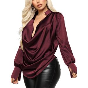 imageLYANER Womens Satin Collar Neck Drape Ruched Front Long Sleeve Blouse Shirt TopBurgundy1