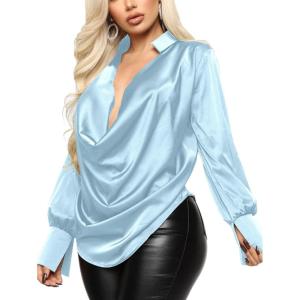 imageLYANER Womens Satin Collar Neck Drape Ruched Front Long Sleeve Blouse Shirt TopSky Blue1