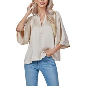 imageLYANER Womens Satin Elegant Casual V Neck 34 Sleeve Solid Blouse Top ShirtBeige