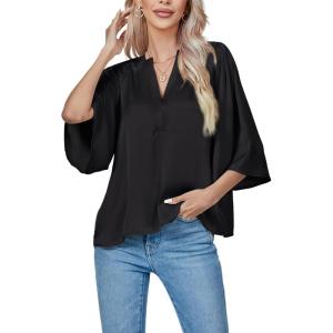 imageLYANER Womens Satin Elegant Casual V Neck 34 Sleeve Solid Blouse Top ShirtBlack