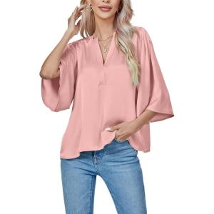 imageLYANER Womens Satin Elegant Casual V Neck 34 Sleeve Solid Blouse Top ShirtPink