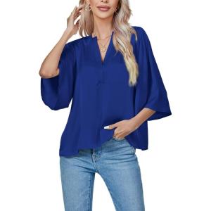imageLYANER Womens Satin Elegant Casual V Neck 34 Sleeve Solid Blouse Top ShirtRoyal Blue
