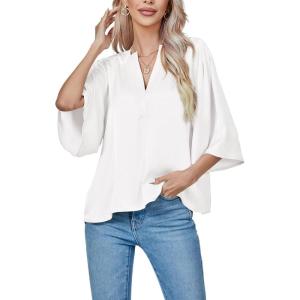 imageLYANER Womens Satin Elegant Casual V Neck 34 Sleeve Solid Blouse Top ShirtWhite