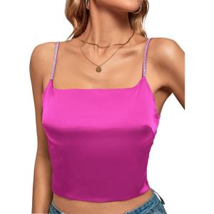 imageLYANER Womens Satin Rinestone Spaghetti Straps Square Neck Sleeveless Cami Crop TopRose