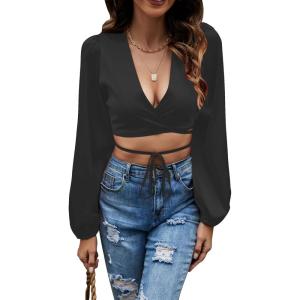 imageLYANER Womens Satin Wrap V Neck Criss Cross Tie Long Sleeve Crop Blouse TopBlack