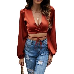 imageLYANER Womens Satin Wrap V Neck Criss Cross Tie Long Sleeve Crop Blouse TopBrown