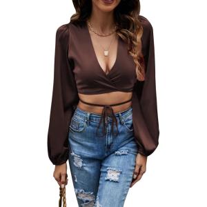 imageLYANER Womens Satin Wrap V Neck Criss Cross Tie Long Sleeve Crop Blouse TopDark Brown