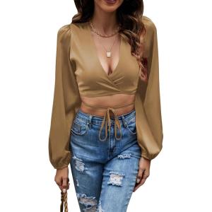 imageLYANER Womens Satin Wrap V Neck Criss Cross Tie Long Sleeve Crop Blouse TopDark Khaki