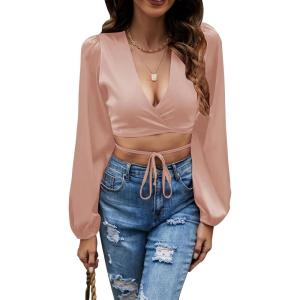 imageLYANER Womens Satin Wrap V Neck Criss Cross Tie Long Sleeve Crop Blouse TopDusty Pink