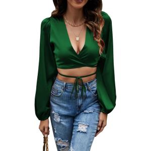 imageLYANER Womens Satin Wrap V Neck Criss Cross Tie Long Sleeve Crop Blouse TopGreen