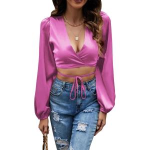 imageLYANER Womens Satin Wrap V Neck Criss Cross Tie Long Sleeve Crop Blouse TopHot Pink