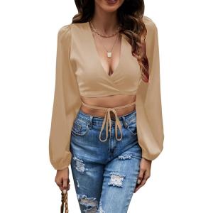 imageLYANER Womens Satin Wrap V Neck Criss Cross Tie Long Sleeve Crop Blouse TopKhaki