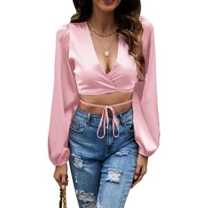 imageLYANER Womens Satin Wrap V Neck Criss Cross Tie Long Sleeve Crop Blouse TopLight Pink