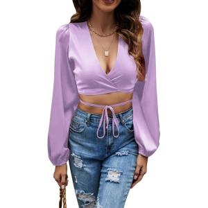 imageLYANER Womens Satin Wrap V Neck Criss Cross Tie Long Sleeve Crop Blouse TopLight Purple