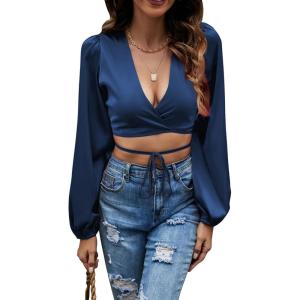 imageLYANER Womens Satin Wrap V Neck Criss Cross Tie Long Sleeve Crop Blouse TopNavy Blue