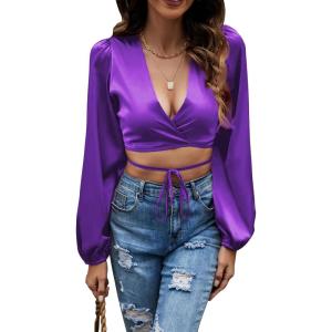 imageLYANER Womens Satin Wrap V Neck Criss Cross Tie Long Sleeve Crop Blouse TopPurple
