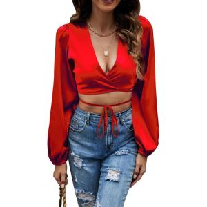 imageLYANER Womens Satin Wrap V Neck Criss Cross Tie Long Sleeve Crop Blouse TopRed