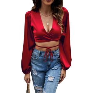 imageLYANER Womens Satin Wrap V Neck Criss Cross Tie Long Sleeve Crop Blouse TopWine Red