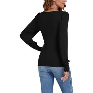 imageLYANER Womens Scoop Neck Puff Long Sleeve Tops Casual Basic Solid T Shirt Button Cuffs Pullovers Shirts BlouseBlack