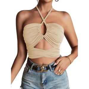 imageLYANER Womens Sexy Halter Ruched Criss Cross Cut Out Sleeveless Tie Back Cami Crop TopsKhaki
